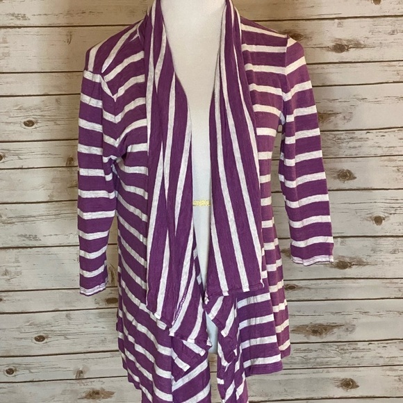 J. Jill Sweaters - J. Jill purple/white striped linen coastal grandma waterfall cardigan sweater